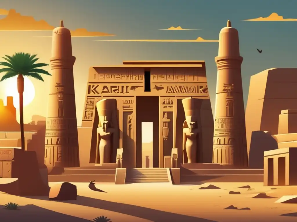 Dioses egipcios en política exterior: La ilustración vintage muestra el majestuoso Templo de Karnak al atardecer