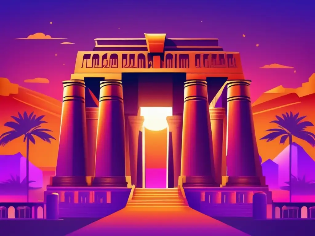 Dioses egipcios en política exterior: Una ilustración vintage muestra un majestuoso templo egipcio con columnas imponentes y jeroglíficos intrincados