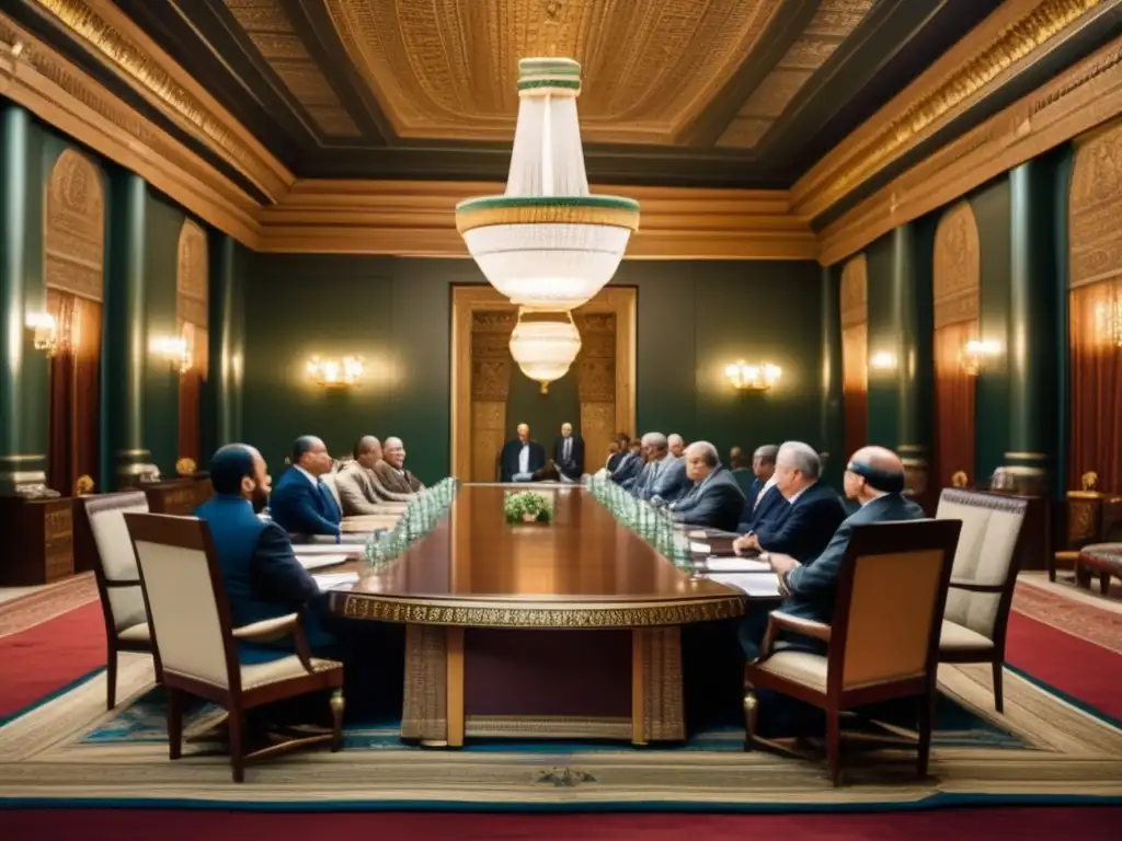 Diplomacia egipcia y conflictos regionales: Intensa reunión diplomática en sala ornamentada llena de importancia y tensión