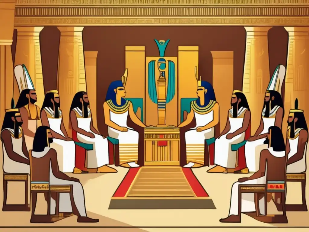 Diplomacia egipcia en ilustración vintage: los faraones negocian tratados históricos rodeados de representantes extranjeros en un majestuoso salón adornado con jeroglíficos y columnas ornamentadas
