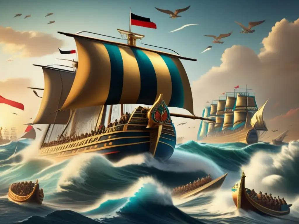 Diplomacia y guerra en el Mediterráneo: Un épico combate naval en el antiguo Egipto, con olas turbulentas y barcos adornados con hieroglifos