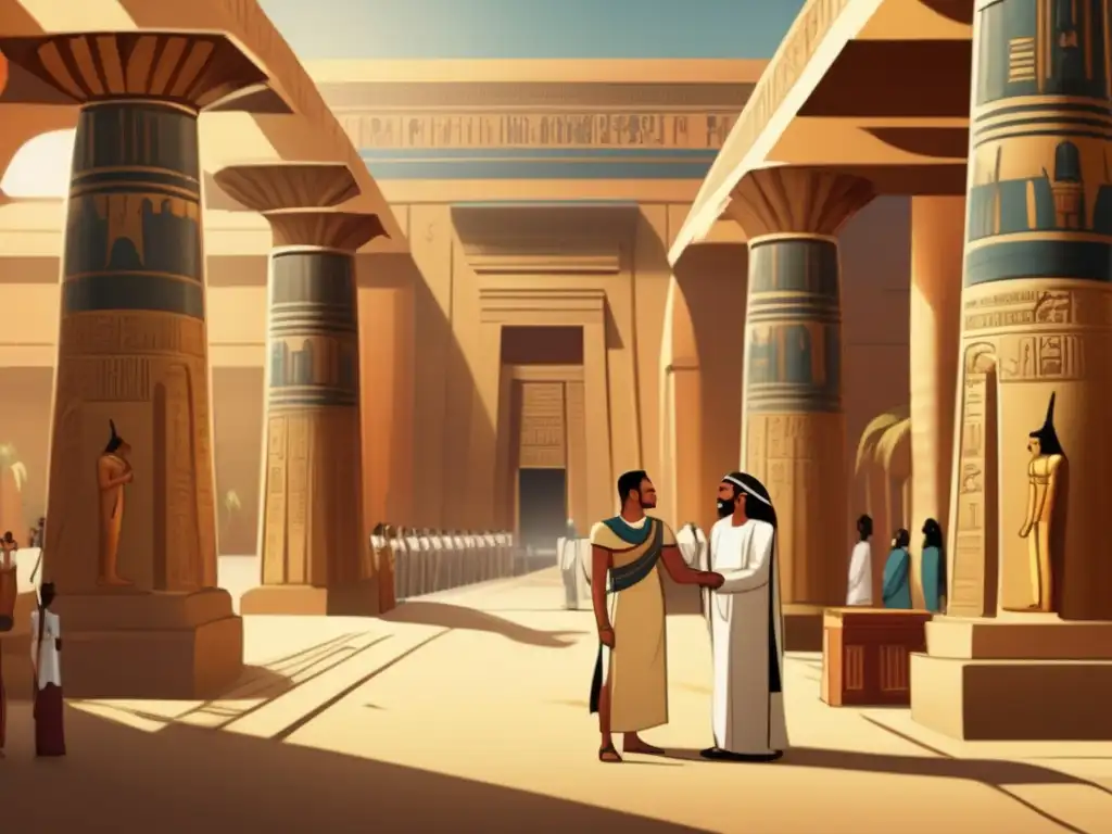 Diplomacia milenaria en Egipto: antiguos diplomáticos egipcios negocian frente a un majestuoso salón decorado con jeroglíficos y pilares ornamentados