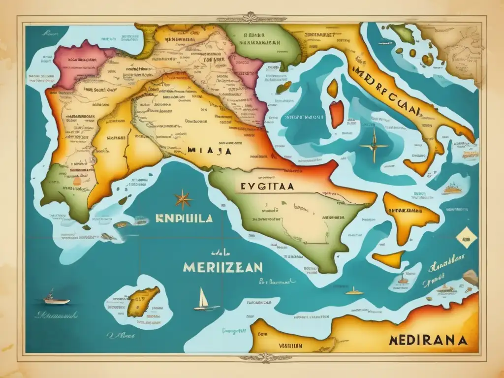 Diplomáticos egipcios en el Mediterráneo: Un mapa vintage detallado muestra la región, con colores vibrantes y líneas delicadas que resaltan las ciudades y rutas comerciales antiguas