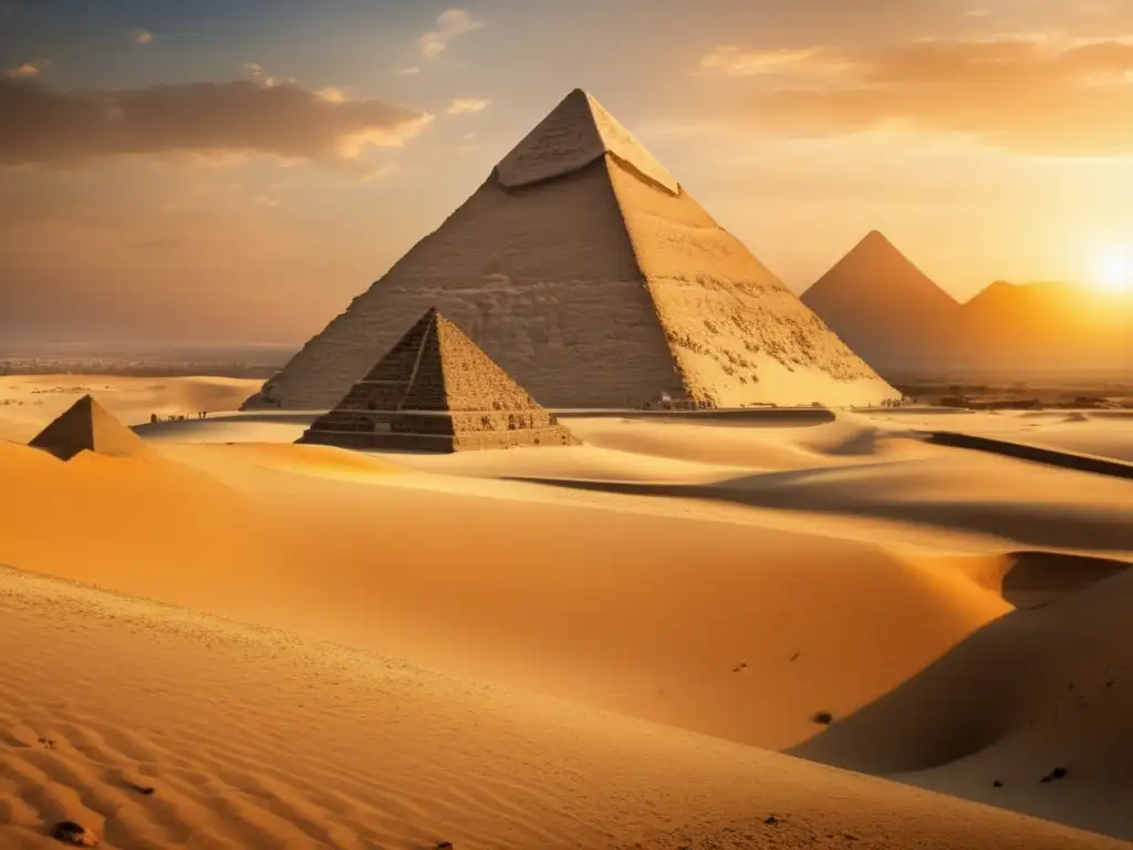 Diseño arquitectónico antiguo de Egipto: La Gran Pirámide de Giza se alza majestuosamente en el desierto, bañada por la cálida luz dorada