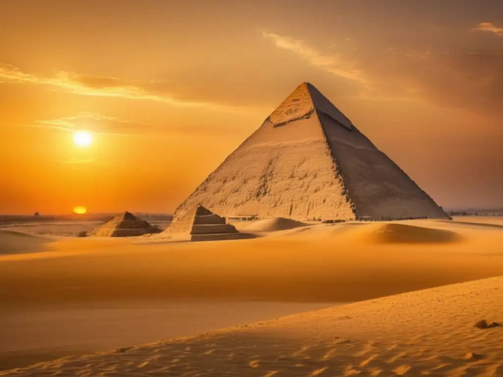 Diseño arquitectónico antiguo de Egipto: La majestuosa Gran Pirámide de Giza se alza imponente en un atardecer dorado, resaltando su belleza intemporal