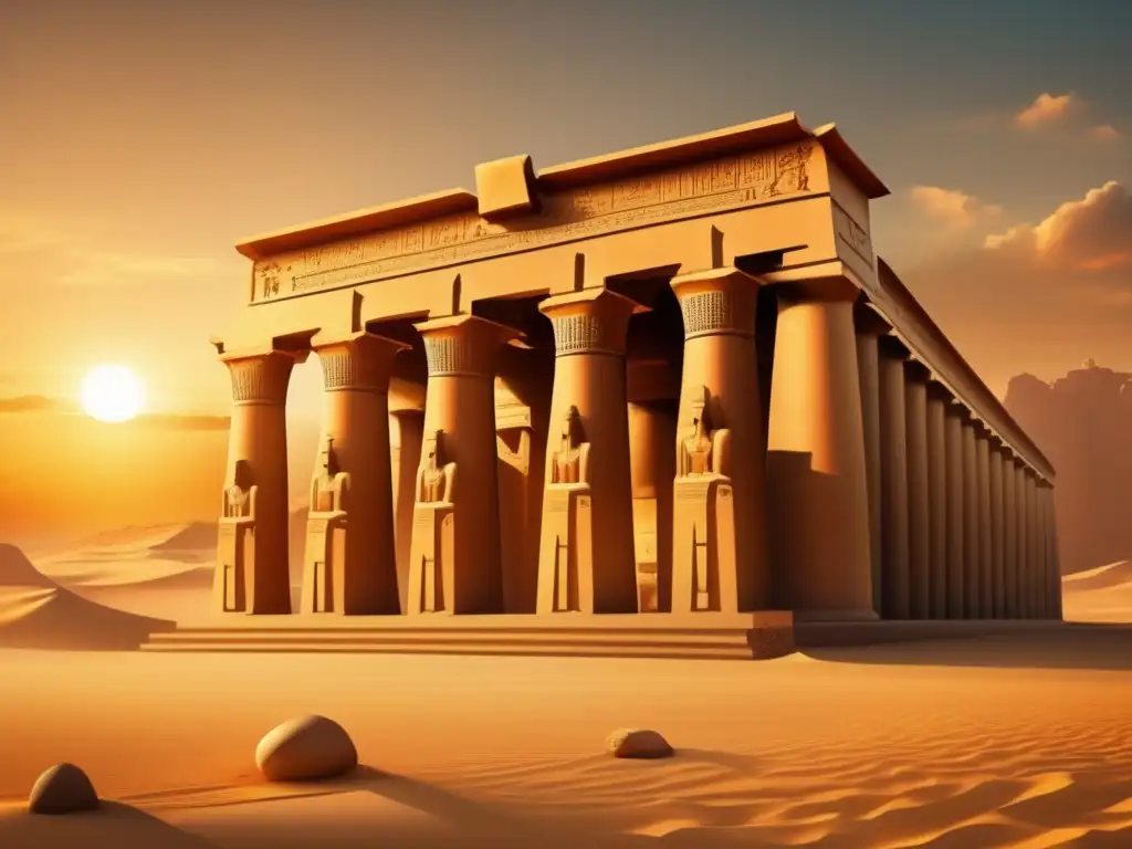 Diseño arquitectónico antiguo de Egipto: un templo egipcio con detalles y jeroglíficos intrincados, iluminado por una puesta de sol dorada