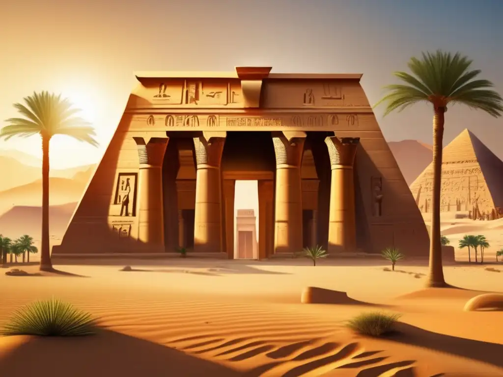 Diseño arquitectónico antiguo de Egipto: Un templo egipcio emerge majestuosamente en el desierto dorado