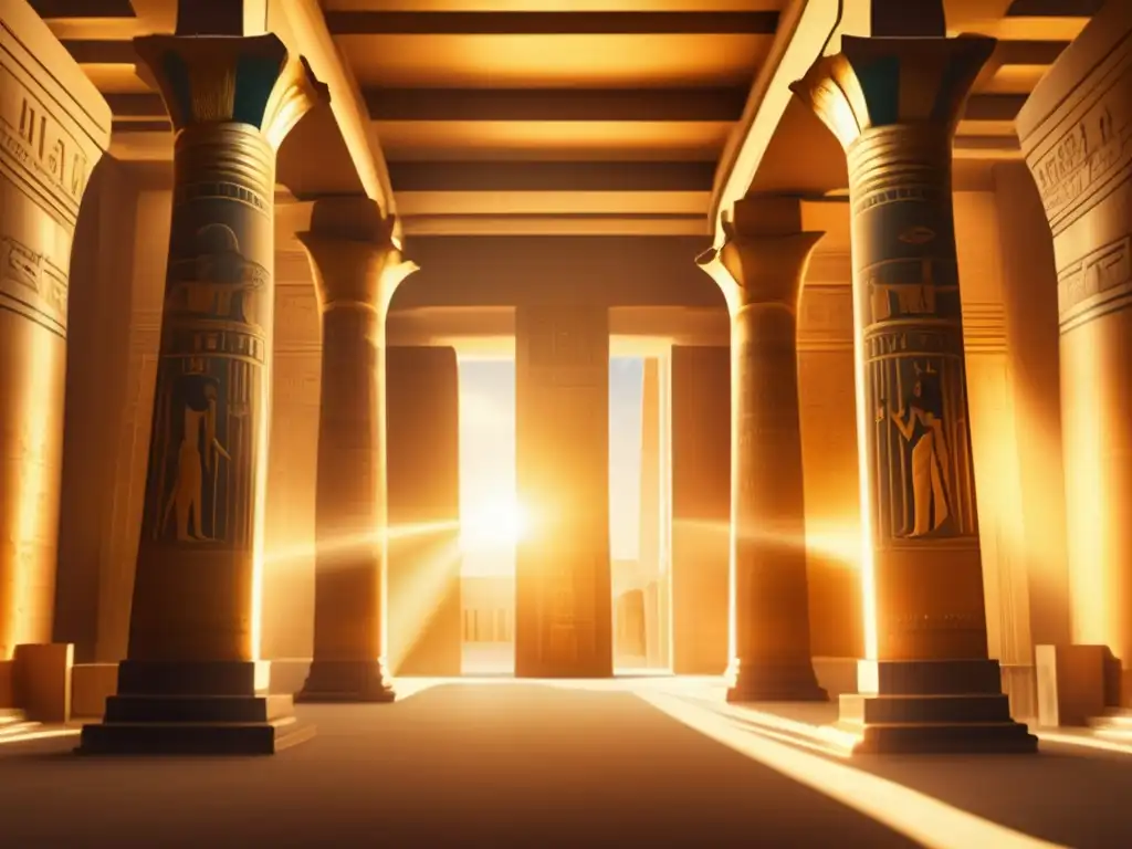 Diseño arquitectónico de templos del Antiguo Egipto: Una imagen vintage que muestra la iluminación celestial en un templo egipcio