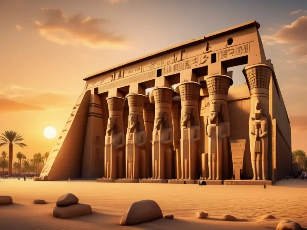 Diseño arquitectónico templos Antiguo Egipto: El majestuoso Templo de Luxor se alza con sus columnas imponentes y tallados jeroglíficos al atardecer