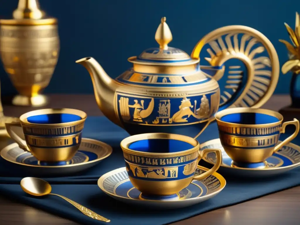 Diseño egipcio en objetos cotidianos: Una imagen detallada en 8k de un exquisito juego de té egipcio vintage