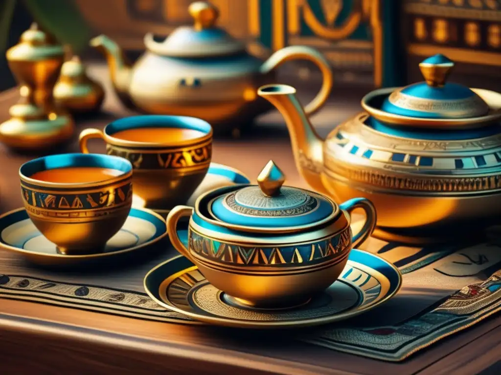 Diseño egipcio en objetos cotidianos: Una imagen detallada en 8k muestra un set de té vintage inspirado en Egipto, con tazas y una tetera decoradas con patrones de jeroglíficos y detalles dorados