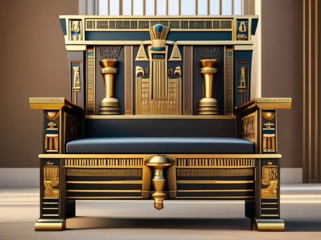 Diseño de mobiliario en Egipto Antiguo: Un trono egipcio vintage, magnífico y detallado, hecho de madera oscura con acabados en oro brillante