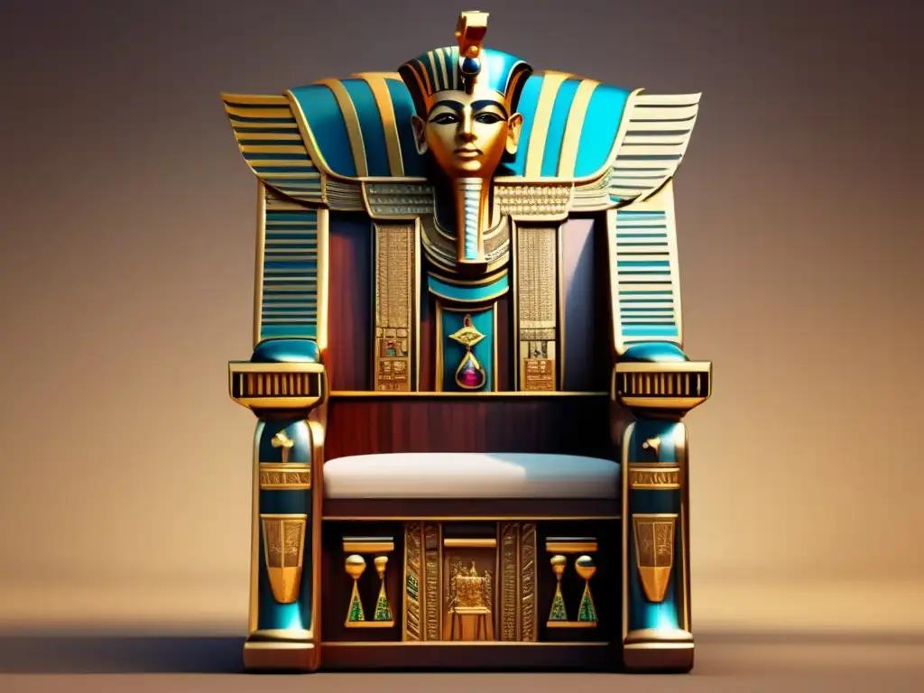 Diseño de mobiliario en Egipto Antiguo: Un trono egipcio antiguo, tallado en madera oscura y adornado con detalles dorados y gemas preciosas