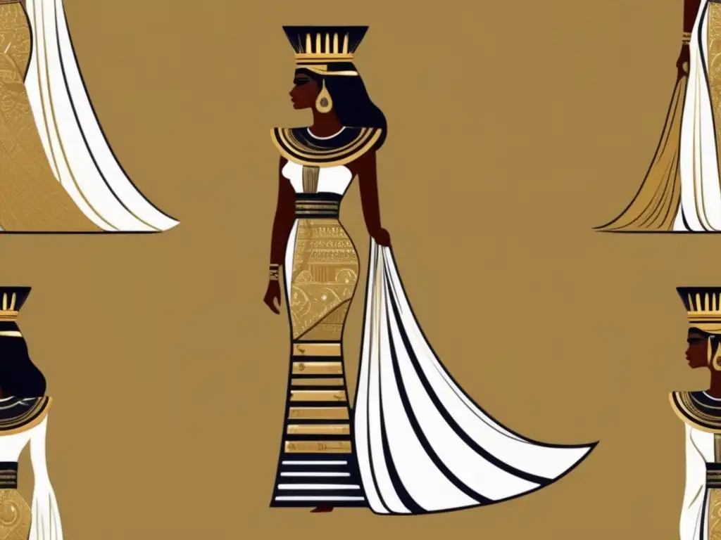 Diseño de moda inspirado en Egipto: una ilustración deslumbrante y vintage que muestra a una modelo con un elegante vestido adornado con patrones y adornos dorados de jeroglíficos