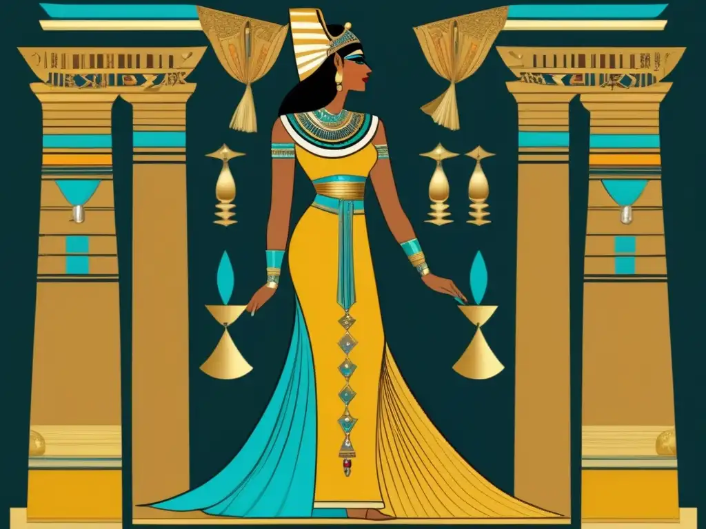 Diseño de moda inspirado en Egipto: ilustración detallada de una figura femenina deslumbrante, vestida con un conjunto vibrante y elaborado, adornado con motivos de jeroglíficos y bordados delicados