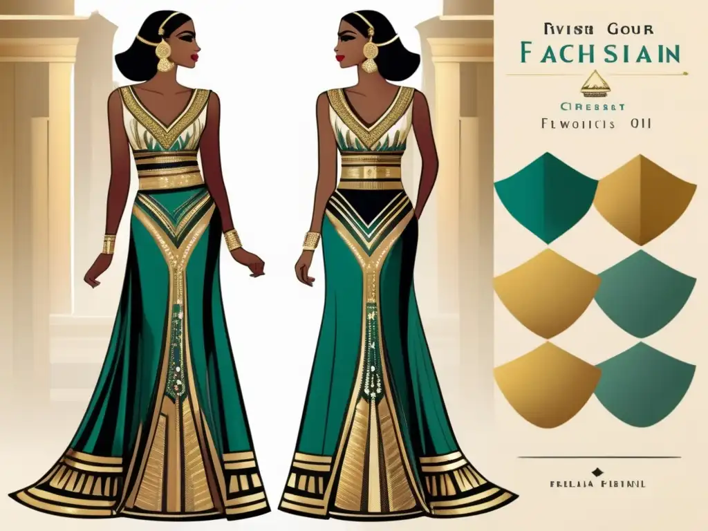 Diseño de moda inspirado en Egipto: un elegante vestido de noche con bordados dorados y colores vibrantes, evocando la opulencia del antiguo Egipto