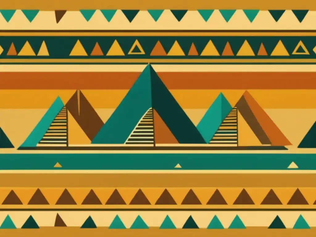 Diseño de moda inspirado en Egipto: un patrón vibrante de pirámides egipcias en tonos tierra y turquesa, evocando el arte antiguo y la herencia cultural
