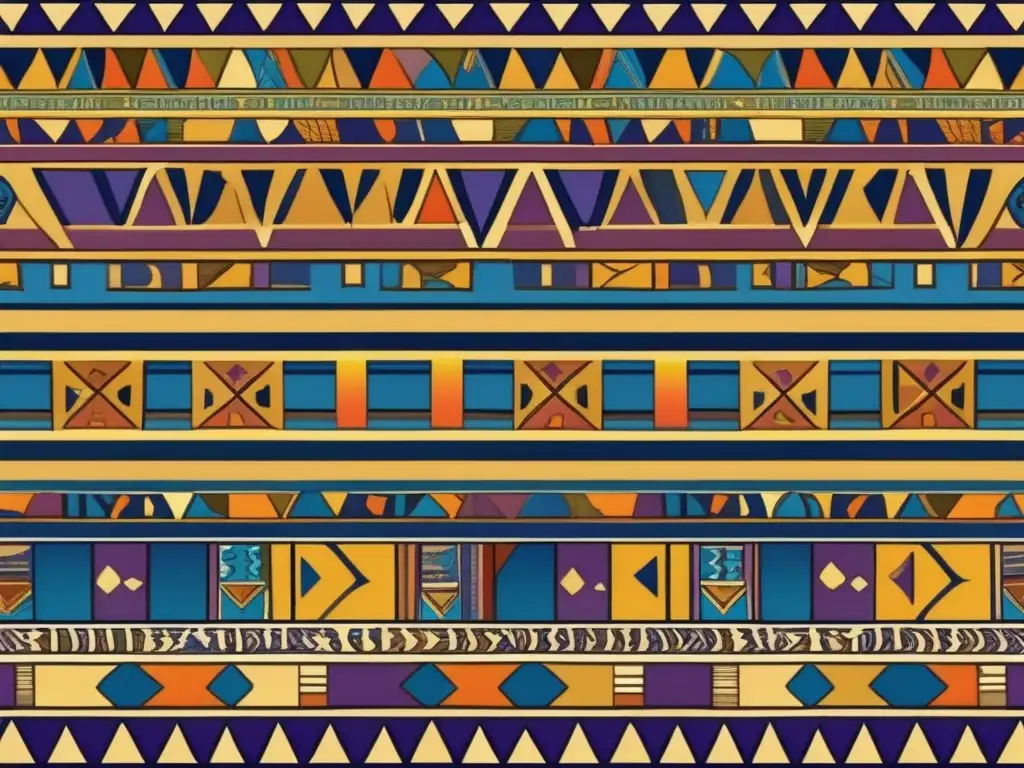 Diseño textil egipcio antiguo, vibrante y detallado, con patrones y colores ricos que definieron la moda de esa era