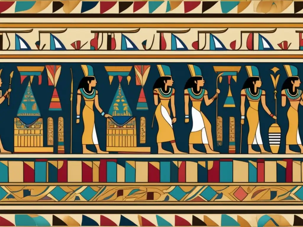 Diseño textil egipcio antiguo con patrones intrincados, colores vibrantes y motivos tradicionales