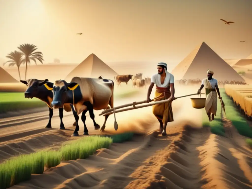 Doma y uso de animales en la agricultura egipcia: Una cálida imagen vintage muestra agricultores egipcios trabajando en un fértil campo junto al río Nilo, utilizando un arado de madera tirado por bueyes, rodeados de vacas, cabras y ovejas