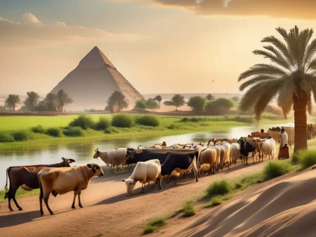 Doma y uso de animales en la agricultura egipcia: Escena vintage en el Nilo con agricultores cuidando animales mientras el sol se pone