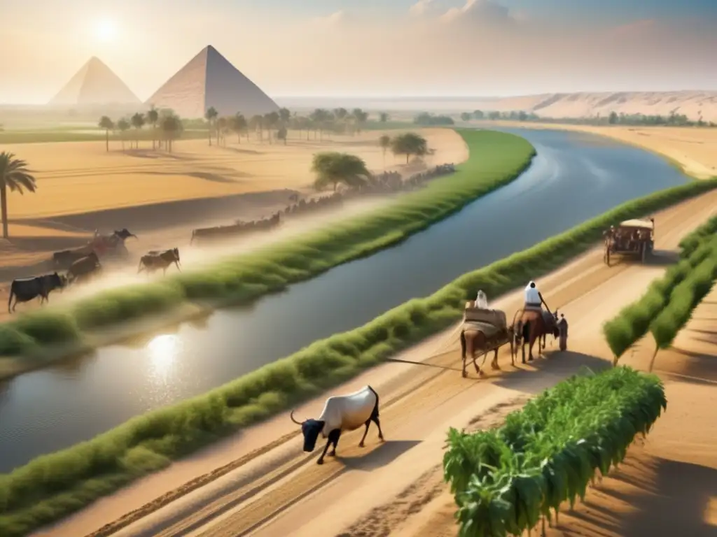 Economía y agricultura en Egipto: Una imagen ultradetallada de 8k muestra un bullicioso paisaje agrícola en el antiguo Egipto