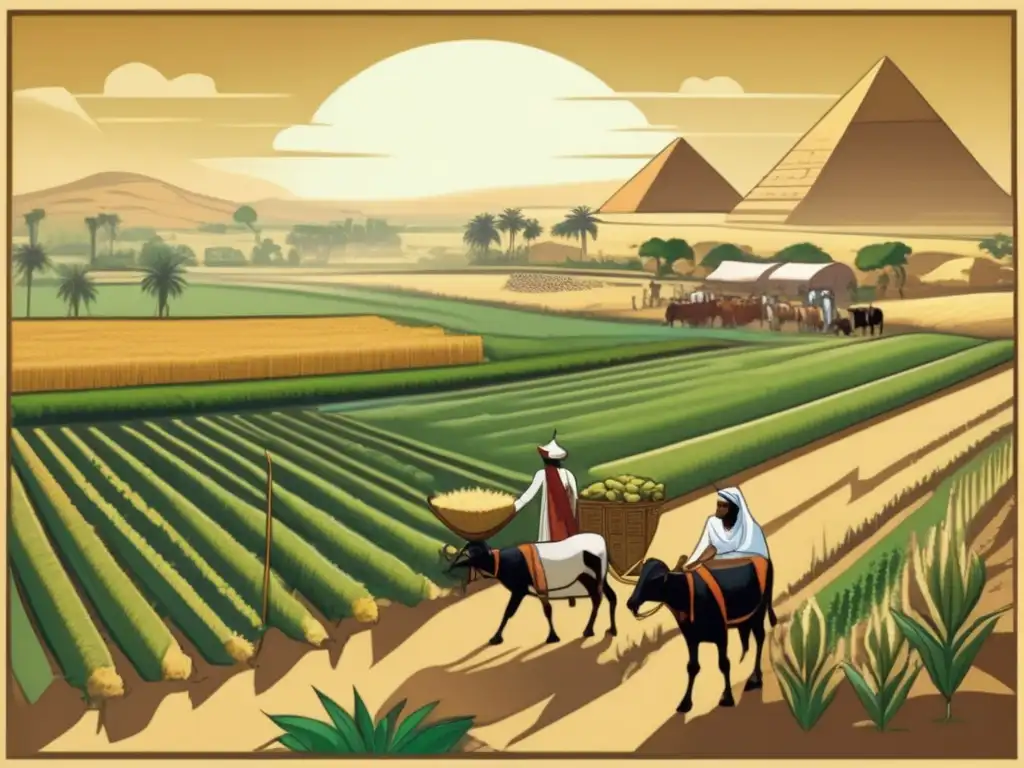 Economía y agricultura en Egipto: Un ilustración detallada de estilo vintage que muestra el legado económico y agrícola del Antiguo Imperio Egipcio