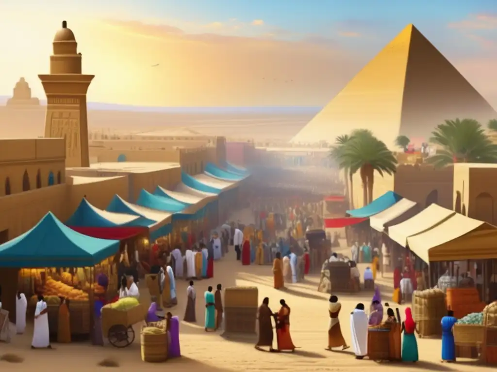 Economía en el Imperio del Faraón: Un bullicioso mercado en el antiguo Egipto, con templos y pirámides de fondo