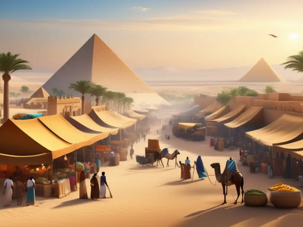 Economía en el Periodo Predinástico de Egipto: Un bullicioso mercado en un oasis del desierto, rodeado de palmeras y las icónicas pirámides al fondo