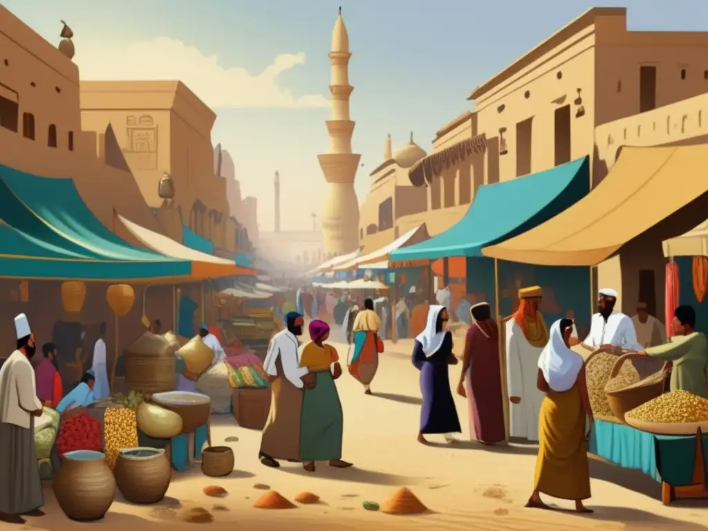 Economía en el periodo predinástico de Egipto: Un vibrante mercado egipcio antiguo, con coloridos puestos de venta, mercaderes y productos diversos