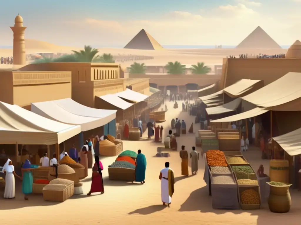 Economía en el Periodo Tardío del Antiguo Egipto: Un bullicioso mercado cerca del Nilo, repleto de comerciantes y clientes