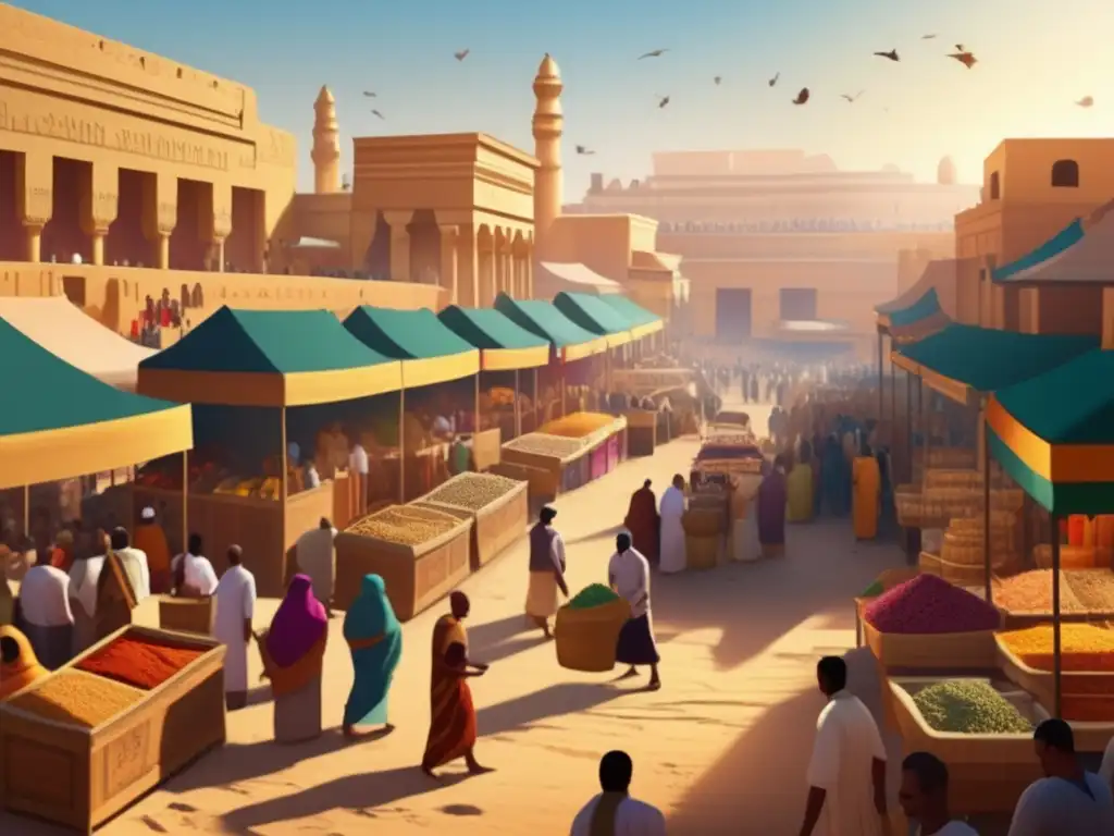 Economía de los Templos en Egipto: Un bullicioso mercado en el antiguo Egipto, junto a un magnífico templo