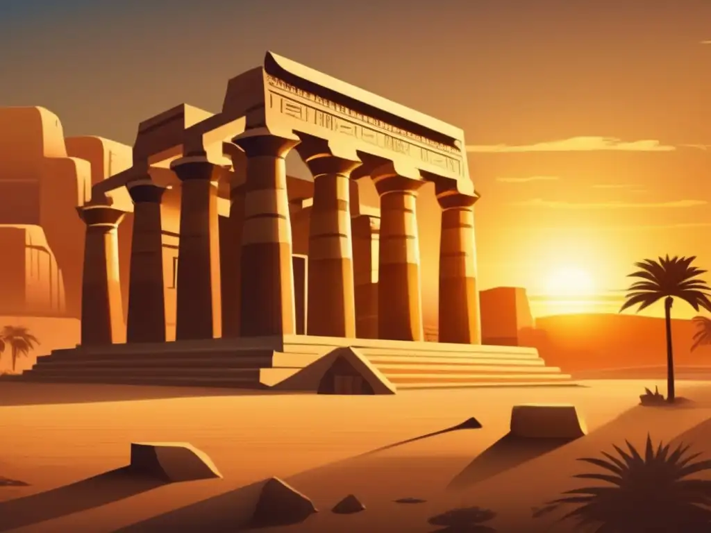 Economía de los Templos en Egipto: Un impresionante atardecer baña en luz dorada un antiguo templo egipcio