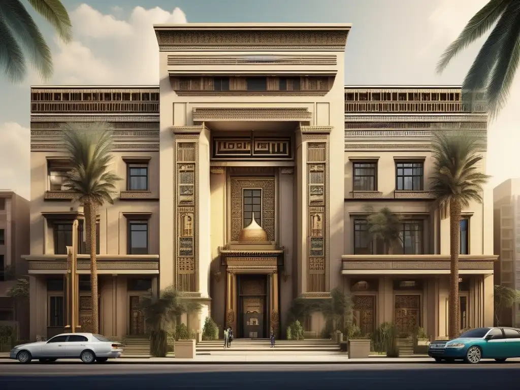 Efectos egipcios en arquitectura urbana: Una imagen vintage que muestra la fusión de elementos egipcios en rascacielos contemporáneos