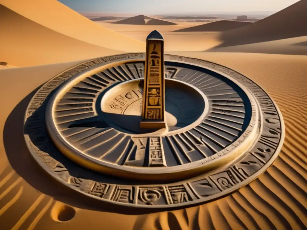 Gnomónica en la civilización egipcia: Un antiguo y detallado reloj de sol tallado con jeroglíficos, que se alza majestuosamente en el desierto egipcio