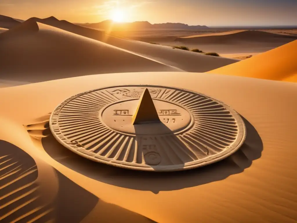 Gnomónica en la civilización egipcia: Un antiguo reloj solar egipcio de piedra, delicadamente tallado, se yergue majestuoso entre dunas doradas