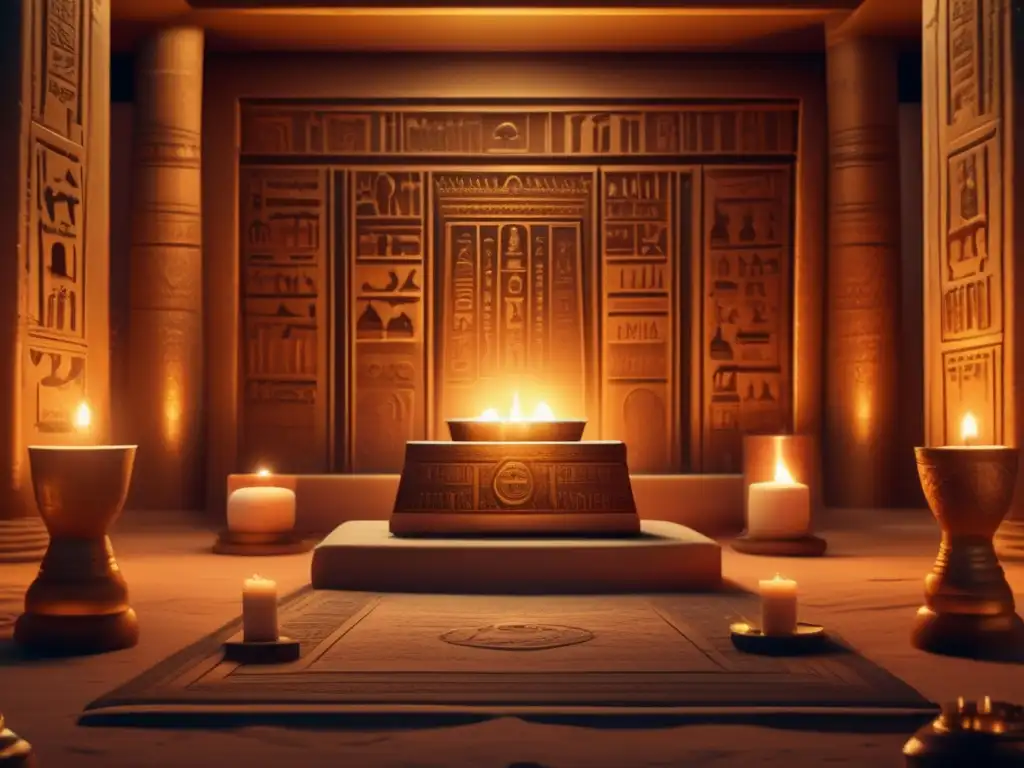 Enigmática sacerdotisa egipcia invoca antiguos poderes en cámara adornada con jeroglíficos y artefactos