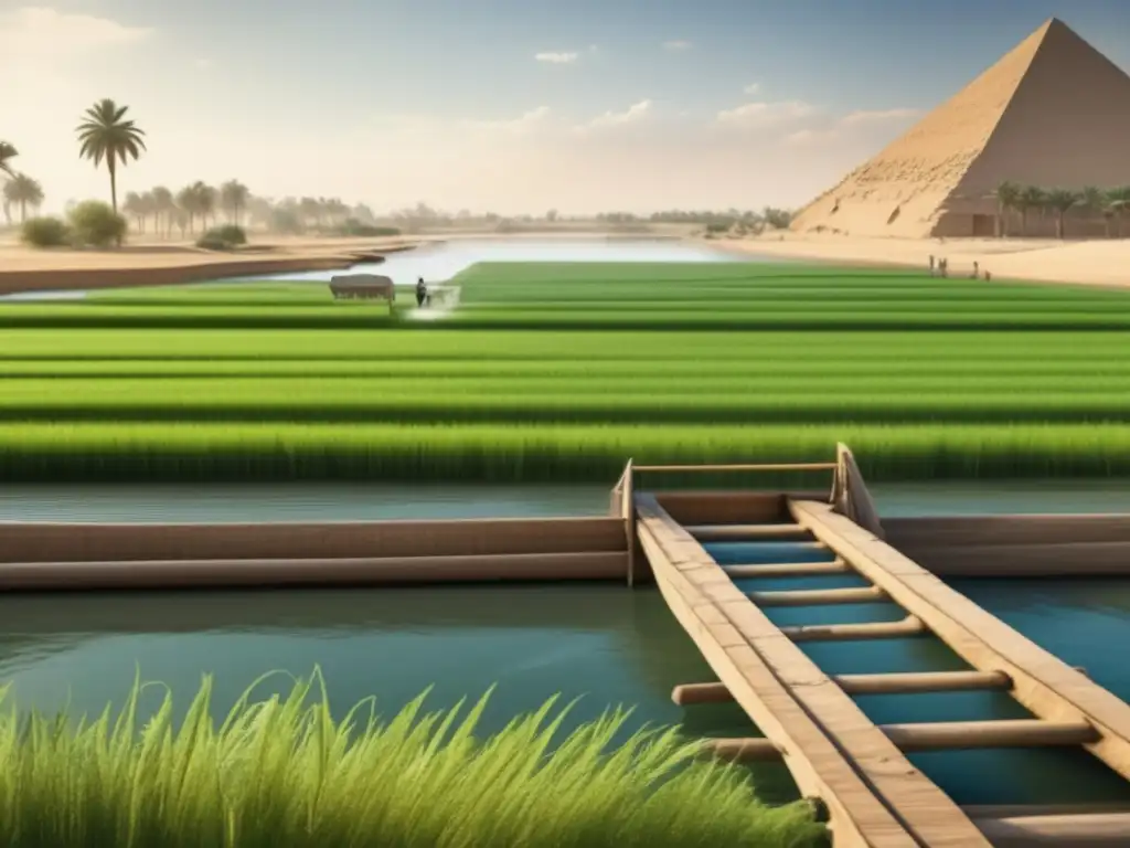 Ingeniería hidráulica egipcia: un campo verde exuberante regado por un shaduf mientras el Nilo fluye al fondo