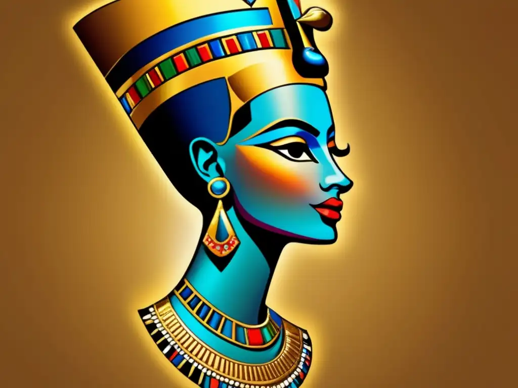 Nefertiti, reina egipcia, se muestra en perfil con un hechizante adorno dorado de jeroglíficos, gemas y una belleza regia
