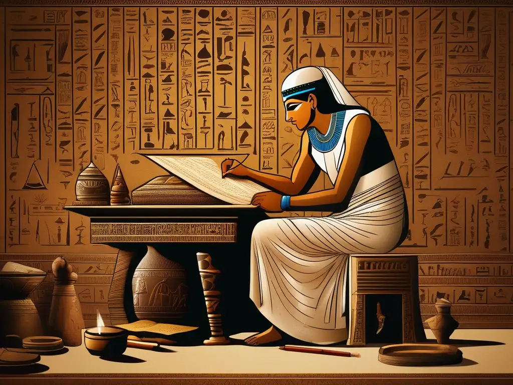 Evolución escritura egipcia siglos: Un detallado scribe egipcio antiguo, rodeado de pergaminos y herramientas de escritura, transcribe jeroglíficos en una sala iluminada tenue, llena de artefactos y arte egipcio