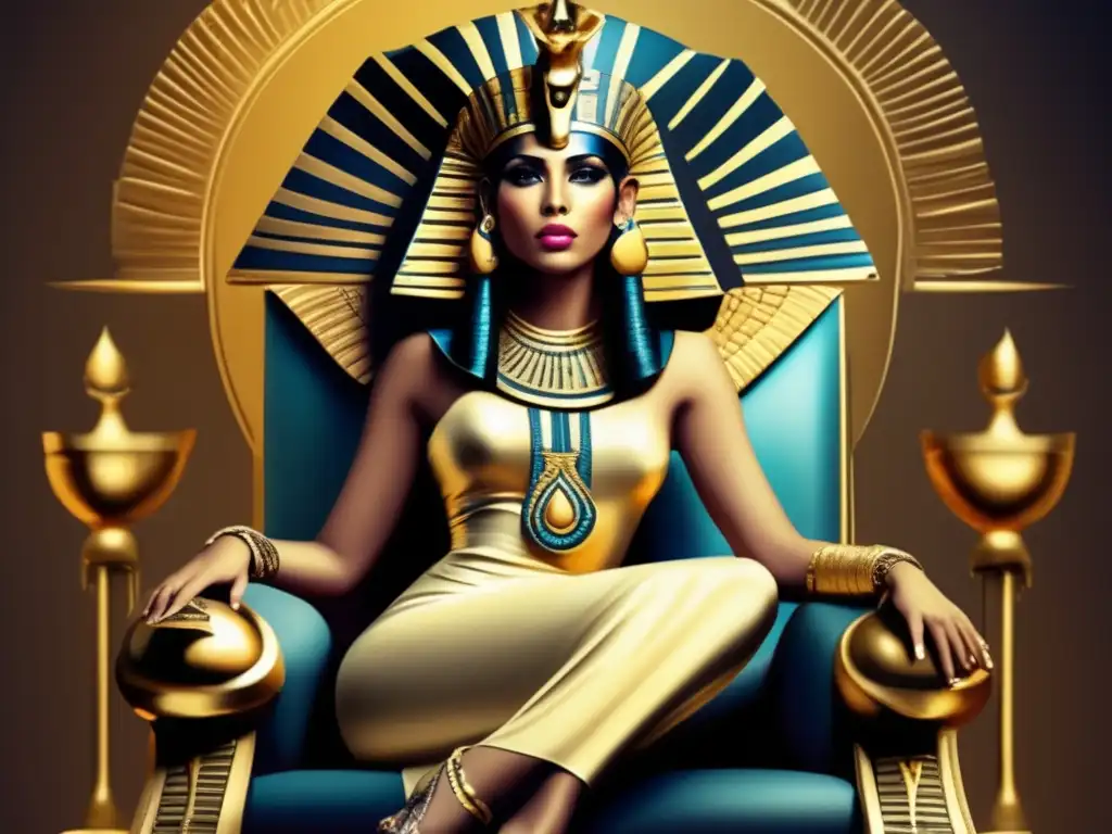 Cleopatra, la icónica reina egipcia, en un trono dorado adornado con jeroglíficos