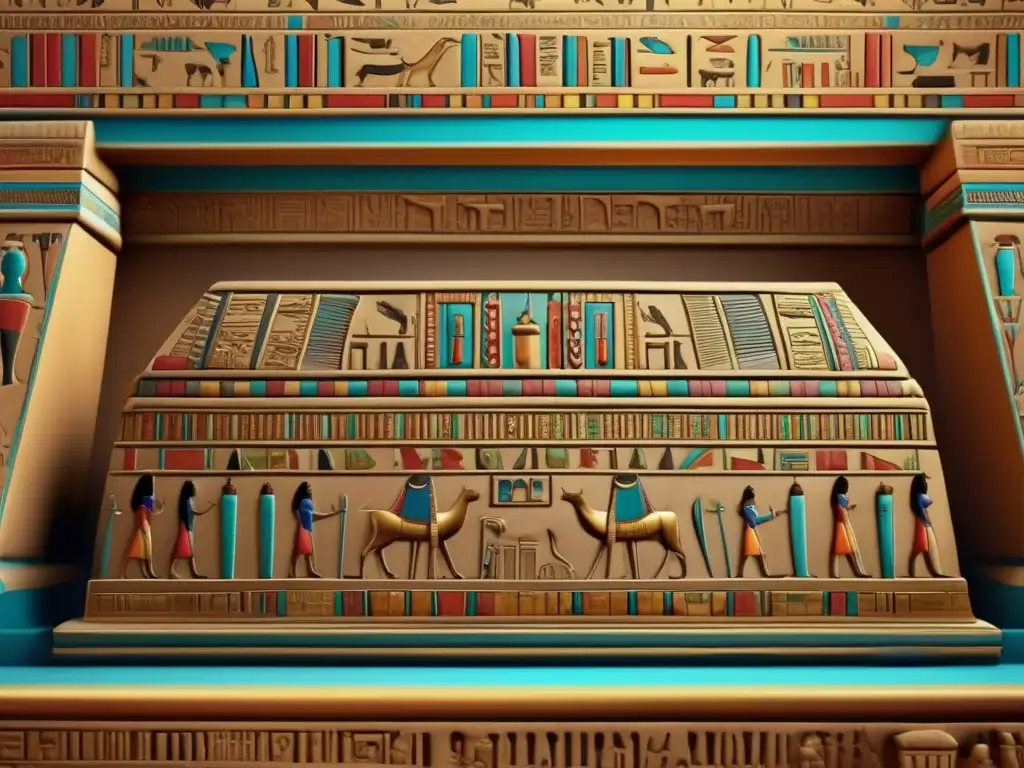 Réplica 3D de sarcófago egipcio antiguo, con detalles meticulosos y colores vibrantes