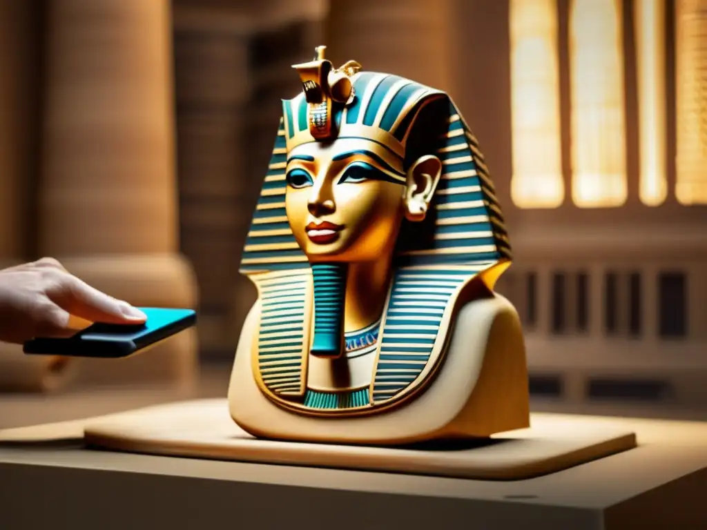 Conservación patrimonio egipcio: Escaneo y digitalización de una preciada estatua de faraón en detalle, resaltando su intrincada artesanía
