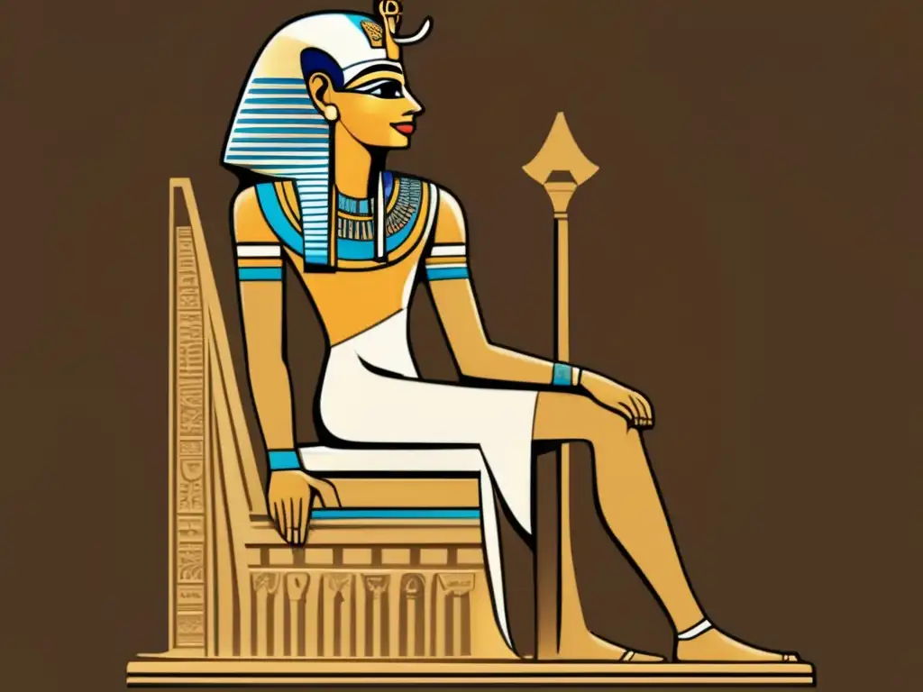 Akhenaten, faraón egipcio, trono y corona doble, refleja cambios religiosos en la XVIII Dinastía en una ilustración vintage de estilo Amarna