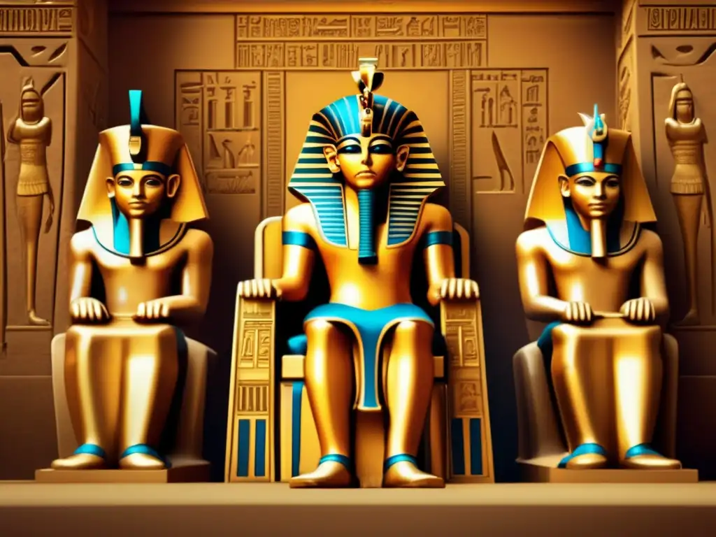 Snefru, faraón egipcio, en su trono dorado rodeado de asesores militares