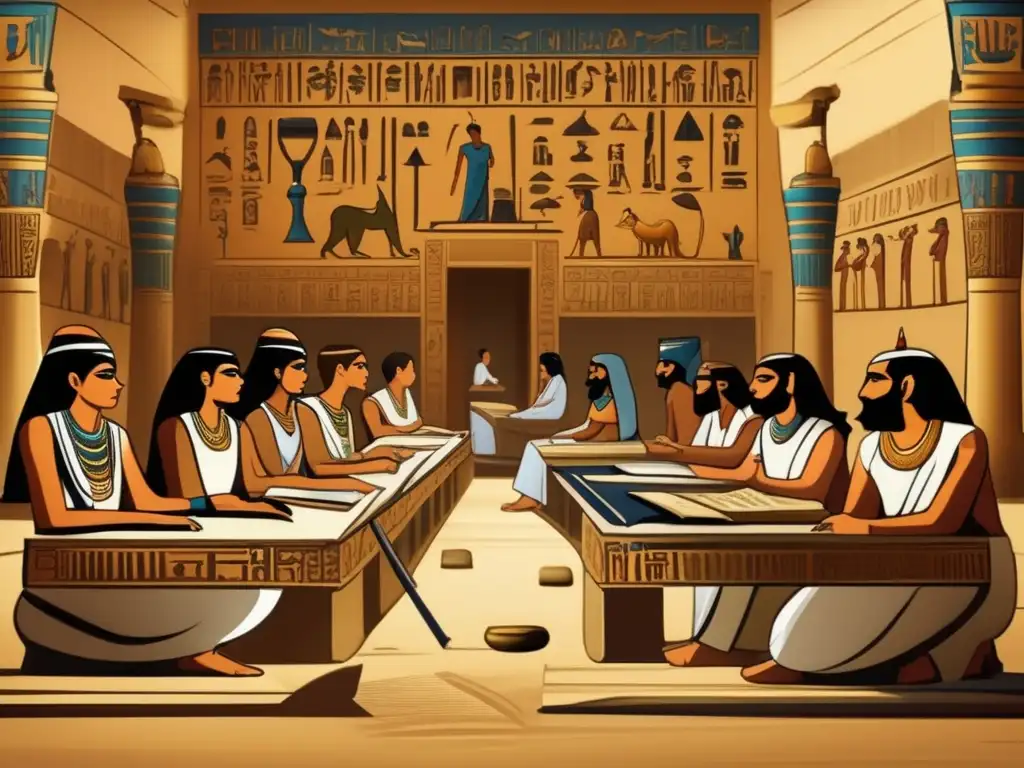 Escribas egipcios en su entrenamiento, dedicados a la preservación del conocimiento en una majestuosa sala llena de jeroglíficos y murales