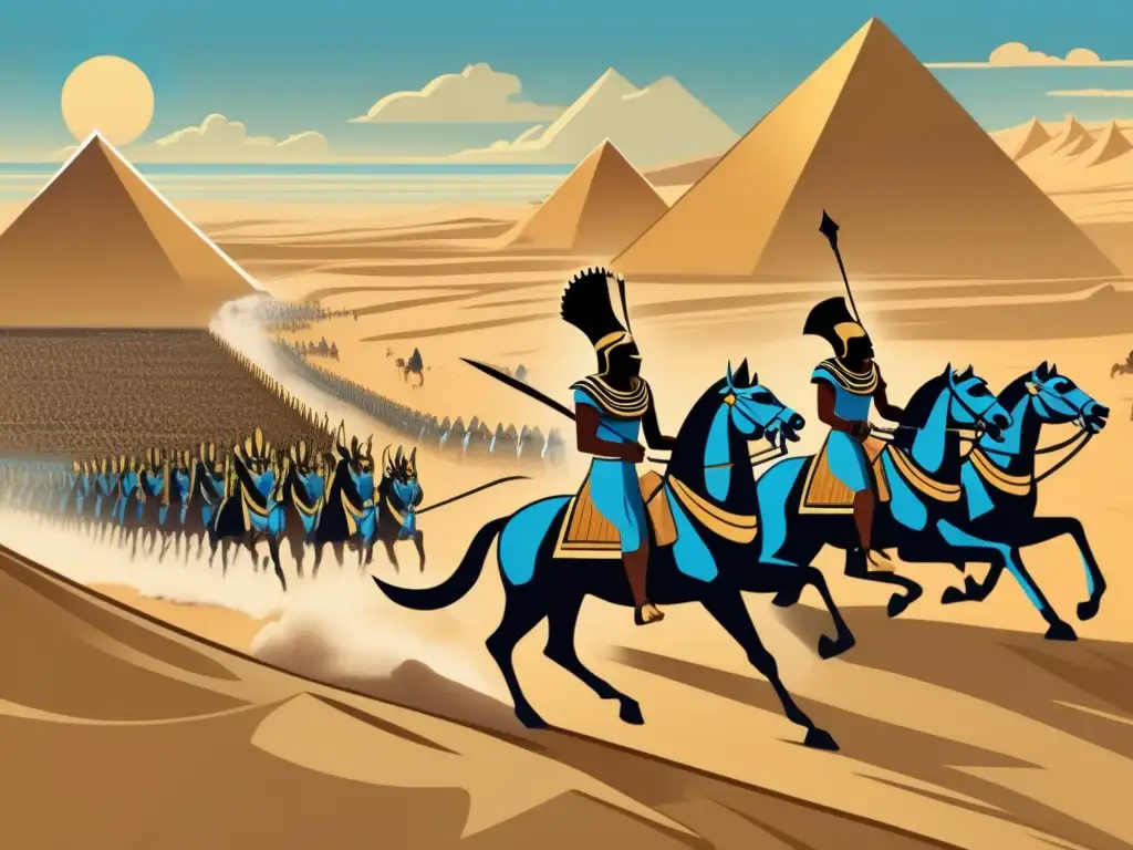 Épica ilustración vintage de Ramsés II liderando su ejército en una batalla contra un enemigo formidable en el antiguo Egipto