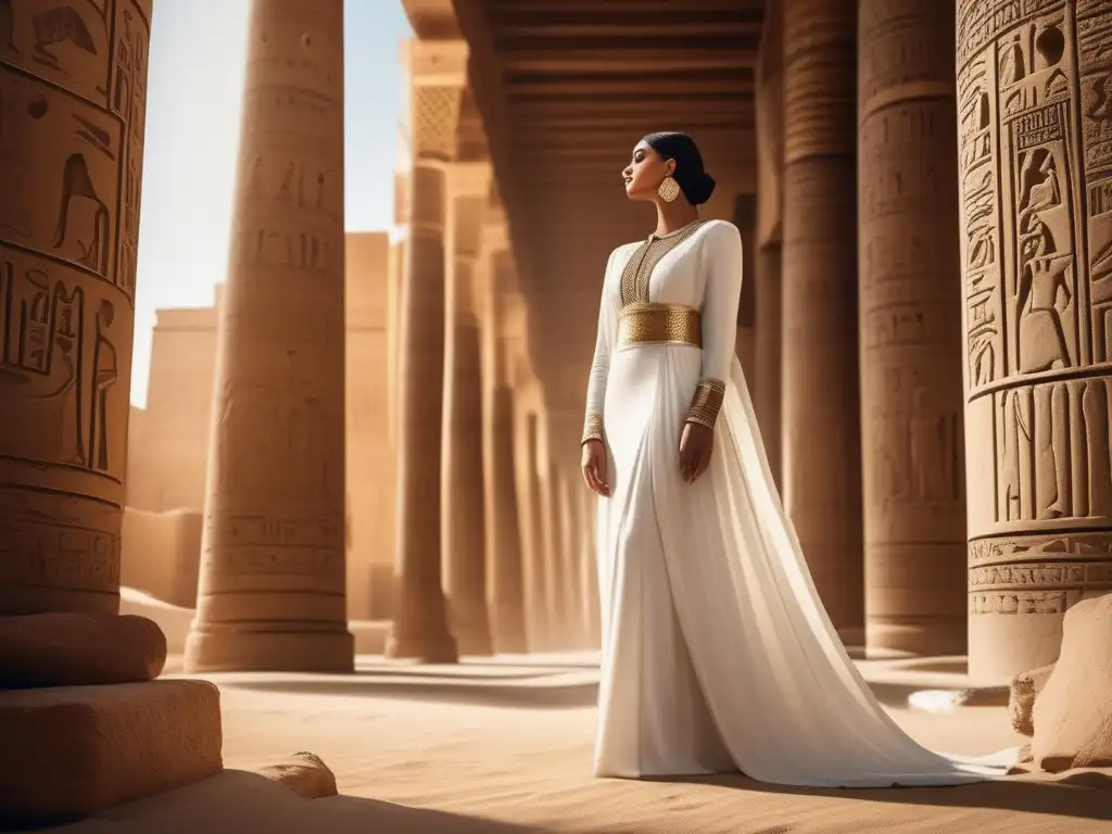 Una elegante mujer egipcia viste una túnica blanca fluyente, representando la moda egipcia en la antigüedad