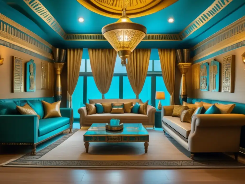 Elegante sala de estar con decoración egipcia moderna, llena de opulencia y misterio