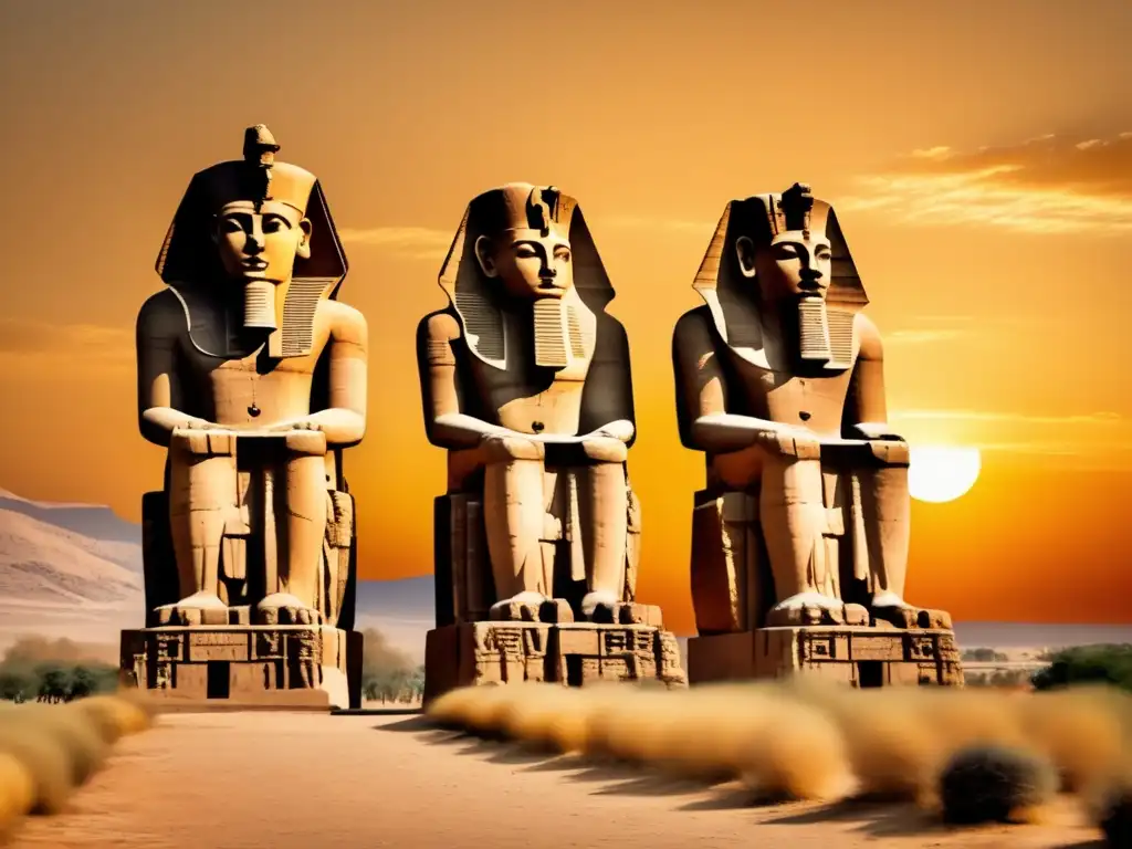 Elevados colosos de Memnón en un atardecer dorado